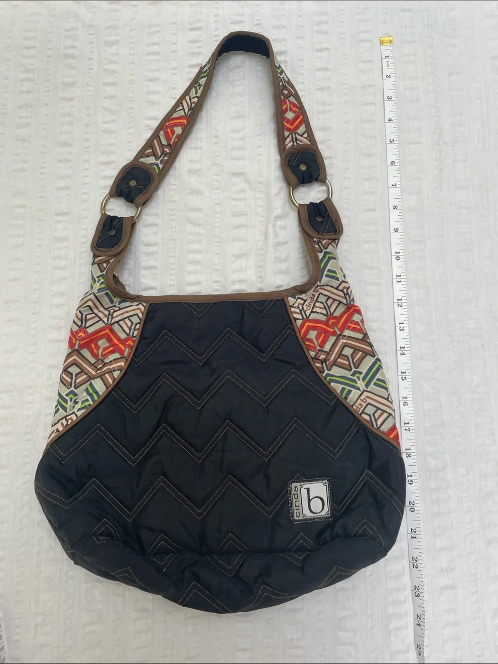 Cinda B Black Chevron Quilted Mini Hobo Bag Geometric Accent Boho
